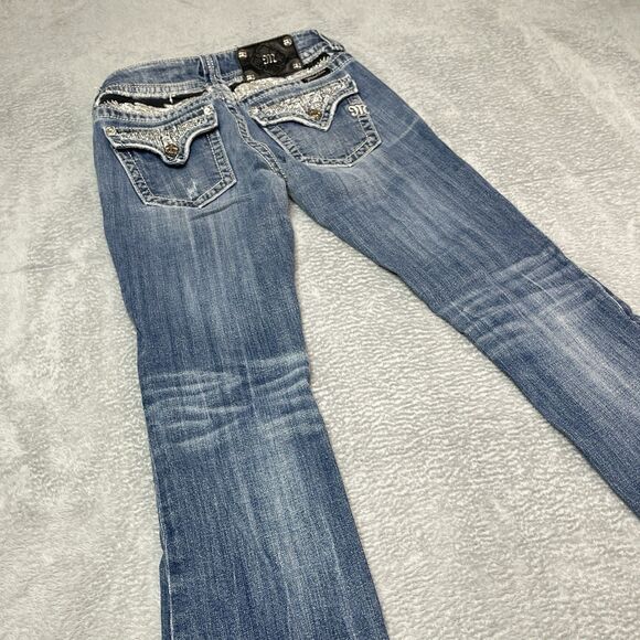 Miss Me Distressed Low Rise Western Bootcut Y2K Size 26 Rhinestone Cowboy - Picture 8 of 13